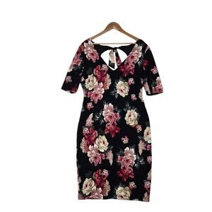 Premier Amour Sheath Dress sz 16 Black Pink Floral Back Keyhole Exposed Zip